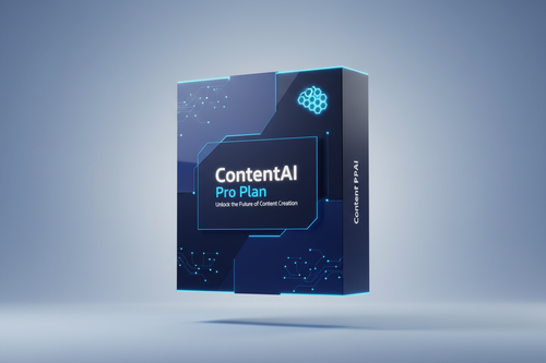A hyper-realistic 3D rendered product box for a premium SaaS service called “ContentAI Pro Plan”. Create an ultra-modern, clean, elegant design with a strong WOW effect. Use a futuristic SaaS color palette: deep navy, electric blue highlights, soft gradients, subtle neon edge lighting, glossy reflections, and premium matte textures. The box should feel like high-tech AI software — sharp edges, soft shadows, ambient rim lights. Add a subtle AI-inspired pattern (neural network lines, data waves, glowing do
